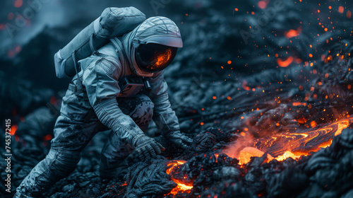 volcanologist on lava volcano photo