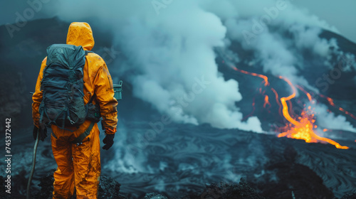 volcanologist on lava volcano