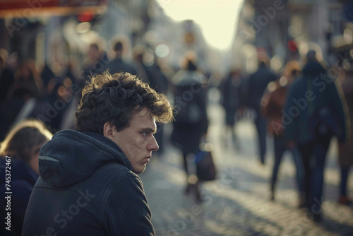 Depressed sad person surrounded by people walking in busy street. Panic attack in public place. man having panic disorder in city. Psychology, solitude, fear or mental health problems concept.