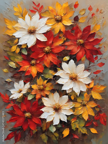 Colorful watercolor fall flower bouquet.
Vibrant autumn floral art painting with yellow, red, orange, and white autumn flowers.