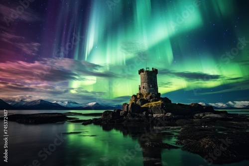 Spectral Lights on Castle - Vivid auroras illuminating the night sky over a fairytale castle © Tida