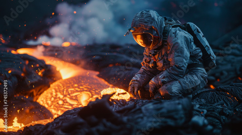 volcanologist on lava volcano photo