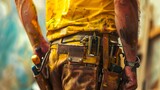 A gritty, detailed close-up of a construction worker's tool belt, showcasing worn leather and various hand tools