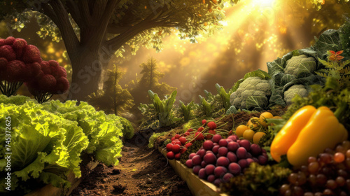 a garden filled with lots of veggies next to a tree and a light shining through the leaves of a tree. photo
