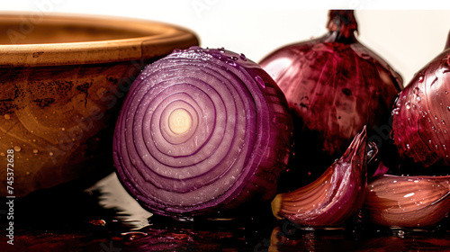 a group of onions sitting next to a bowl of water on top of a wooden table with drops of water on them. photo