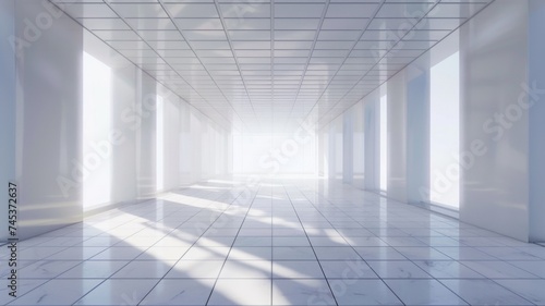 Bright Halls of Virtual Realm - The stark white and pristine interior of a virtual building, representing limitless digital possibilities