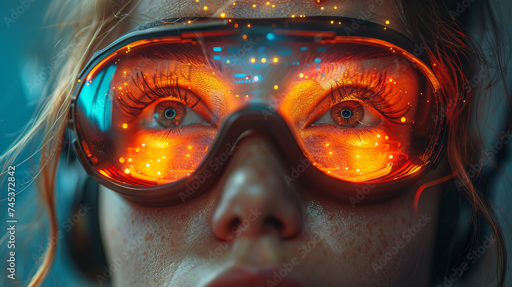 Close-up of woman digital eye with dot network flying through 3D rendering Close-up of woman digital eye with dot network flying through 3D rendering