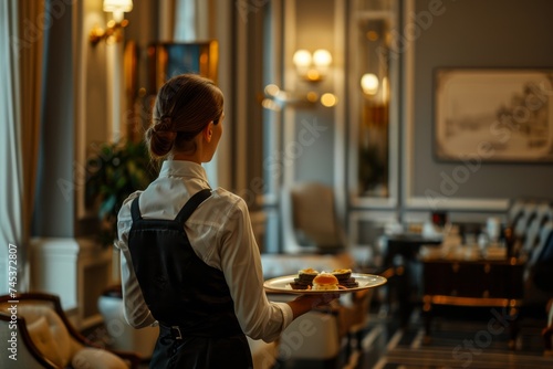 A female waitress serving a luxurious dessert in an exclusive restaurant setting, showcasing hospitality