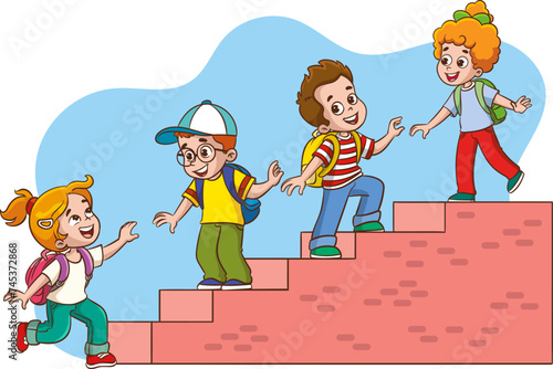 Cute children climb the stairs of success by working as a teamwork partnership