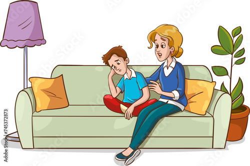 Father and Mother Comfort Children.Sad Son and Daughter Crying and Feeling Sad.Vector Illustration