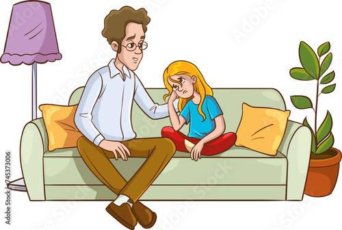 Father and Mother Comfort Children.Sad Son and Daughter Crying and Feeling Sad.Vector Illustration