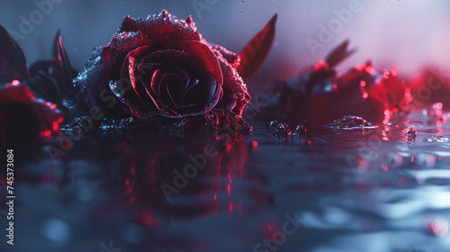 a red rose sitting on top of a puddle of water next to a red rose on top of a puddle of water. photo