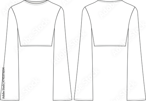 round neck crew necl wide long sleeve crop cropped blouse top template technical drawing flat sketch cad mockup fashion woman design style model photo