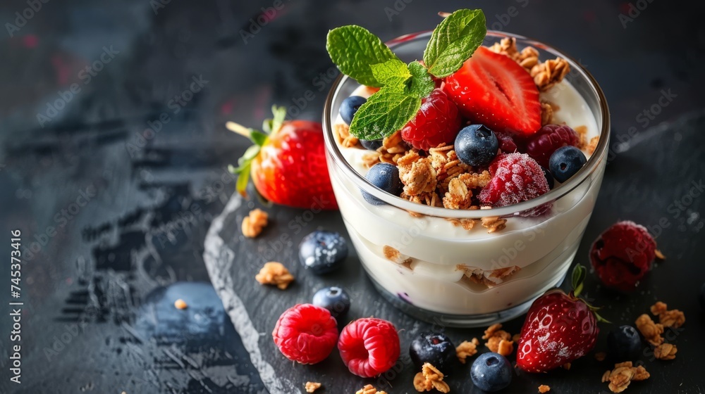 Healthy breakfast. Yogurt with granola and fresh berries. Diet, low calorie, weight loss food. Active, fit, healthy lifestyle. Healthy breakfast. Yogurt with granola and fresh berries. Diet, low calorie, weight loss food. Active, fit, healthy lifestyle.