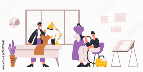 Fashion atelier workers, sewing, dressmaking workshop interior