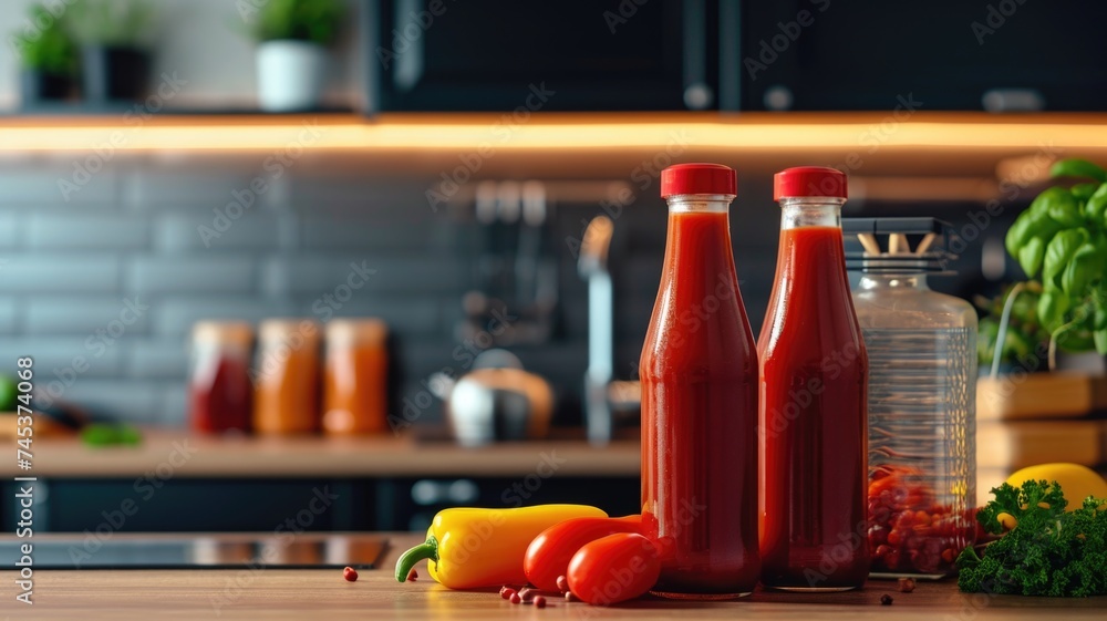 Homemade Tomato Sauce in Glass Bottles on Kitchen Counter in Sunlight Homemade Tomato Sauce in Glass Bottles on Kitchen Counter in Sunlight
