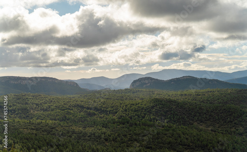 Beautiful landscape with mountains on a cloudy morning, in Serra de Mariola, alicante (Spain)