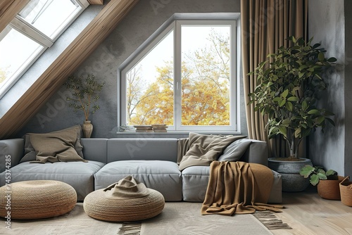 Grey attic living room interior with sofa