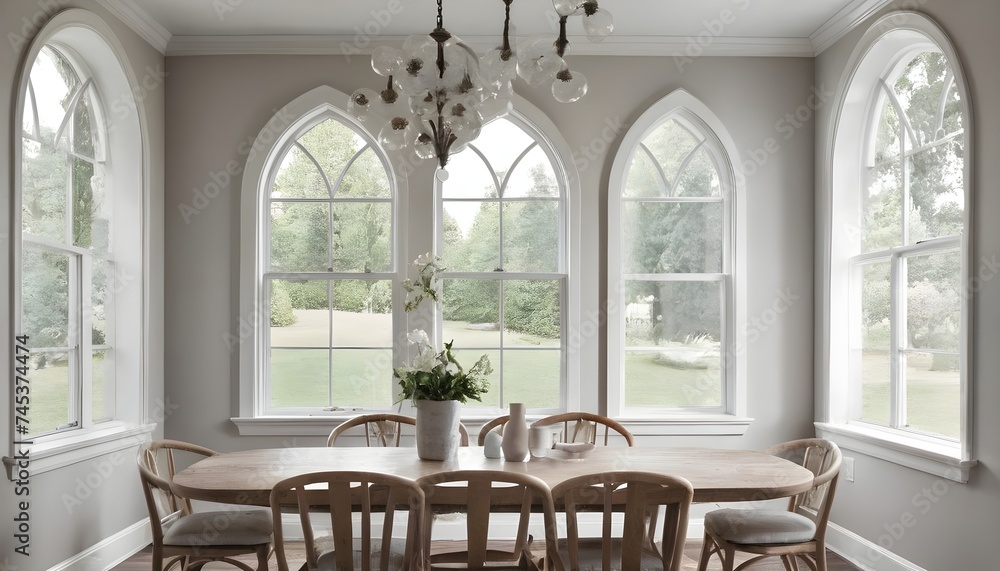 White dining room corner with arched windows