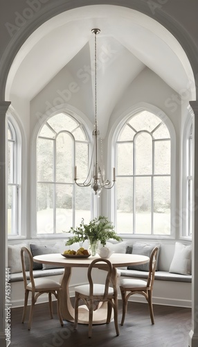 White dining room corner with arched windows