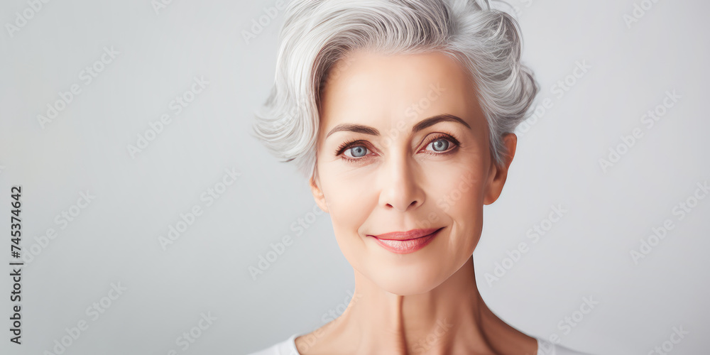 Portrait of healthy mature fit woman on a gray banner with copy space. Portrait of healthy mature fit woman on a gray banner with copy space.