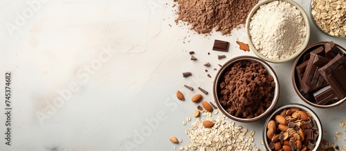 A table is filled with bowls containing a variety of different types of food. The assortment includes ingredients for making chocolate oat brownies such as oat flour, creating a tempting display of photo