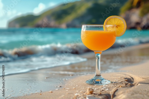 Orange juice on the beach with sea view 