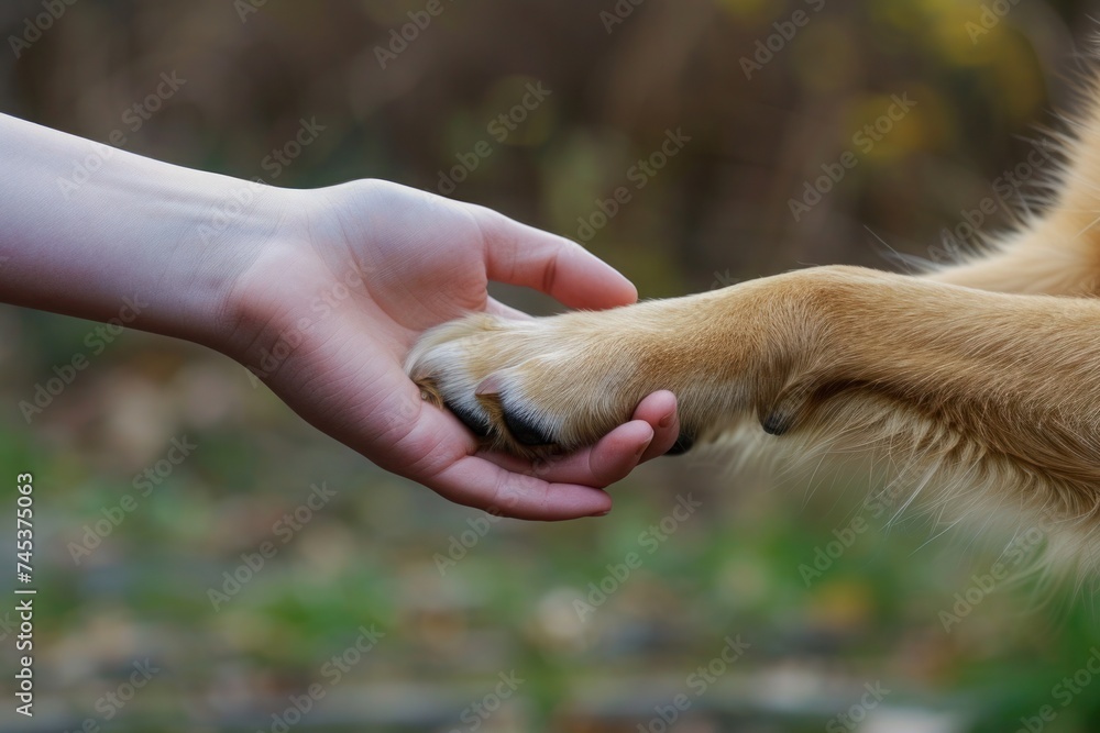 Gesture towards a terrestrial animal by holding a carnivores paw in hand
