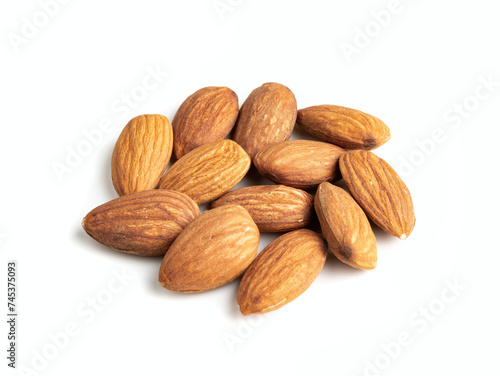 Fresh healthy almond nuts on white background.