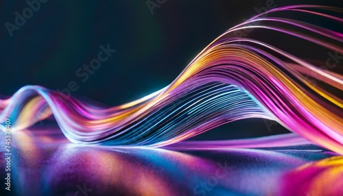 Onde holographique abstraite fluo iridescente, néon courbe en mouvement, arrière-plan coloré.