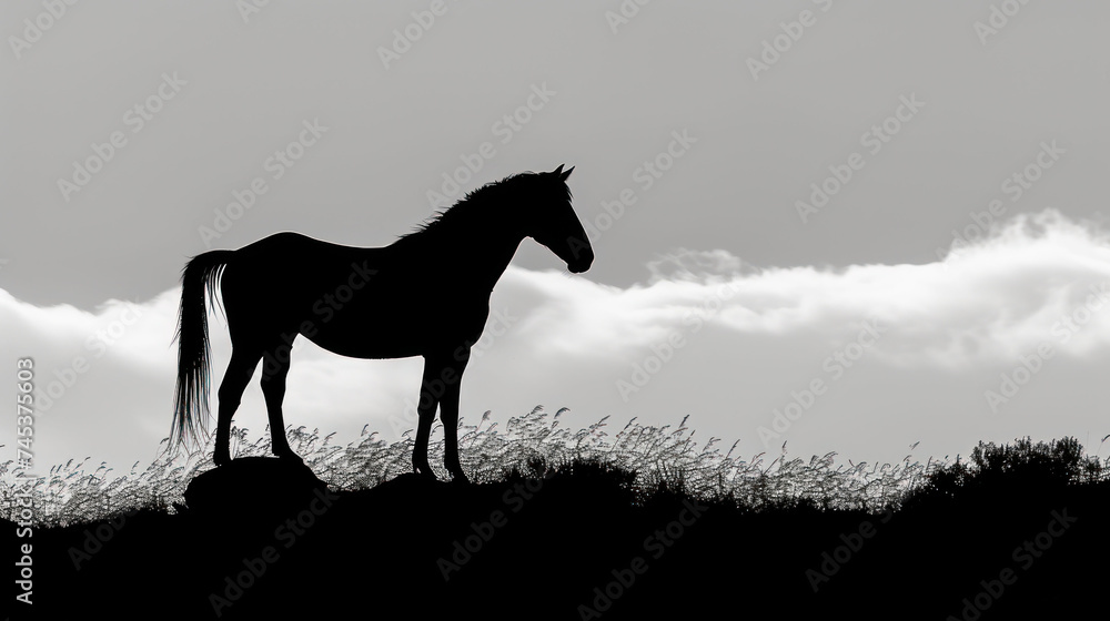 a black and white photo of a horse standing on top of a hill with a cloudy sky in the background. a black and white photo of a horse standing on top of a hill with a cloudy sky in the background.