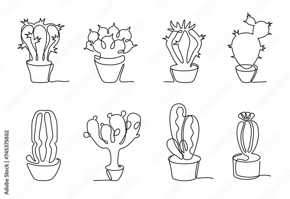 One continuous line potted cactus. Mexican prickly succulent with thorns in pots. Botanical plants with blooming flowers One continuous line potted cactus. Mexican prickly succulent with thorns in pots. Botanical plants with blooming flowers