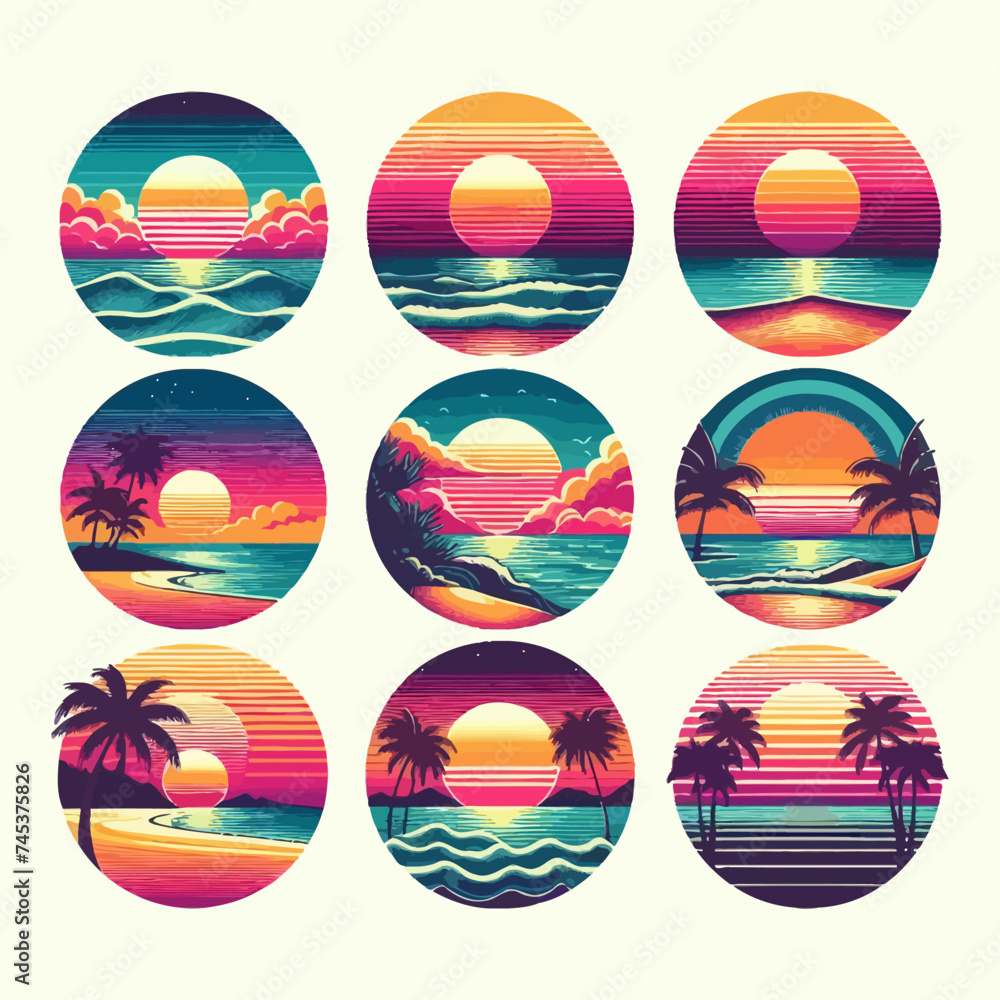 Set of retro sunsets in 80s and 90s style. Abstract sun at beach background with sunny vector and t-shirt design Set of retro sunsets in 80s and 90s style. Abstract sun at beach background with sunny vector and t-shirt design