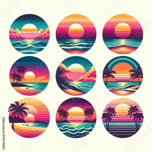 Fototapeta Naklejka Na Ścianę i Meble -  Set of retro sunsets in 80s and 90s style. Abstract sun at beach background with sunny vector and t-shirt design