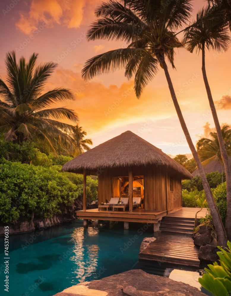 Tropical paradise sunset with a luxury waterfront hut