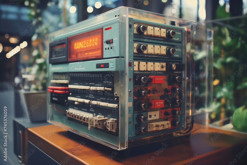 retro electronic device for industrial and scientific research and measurements, a close-up object in interior of expocenter retro electronic device for industrial and scientific research and measurements, a close-up object in interior of expocenter