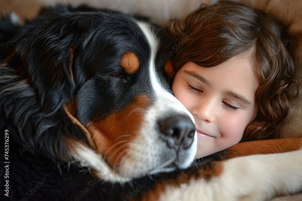 A little girl is sharing a smile with a Bernese mountain dog, laying next to it