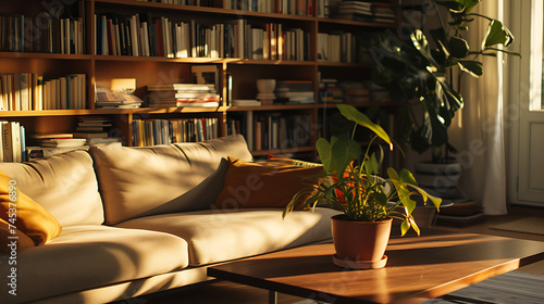 Um espaço aconchegante e iluminado apresentando um sofá confortável mesa de café planta e estante de livros
