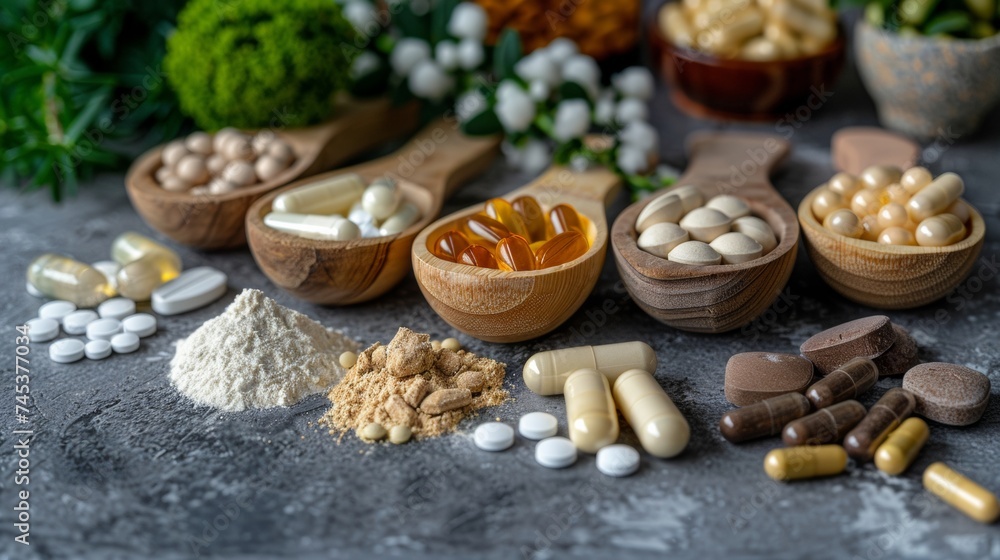 Dietary supplements for health and beauty, in pill and powder forms, vitamins, collagen, biotin
Dietary supplements for health and beauty, in pill and powder forms, vitamins, collagen, biotin