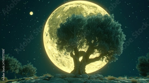 a tree in the middle of the night with a full moon in the back ground and stars in the sky.