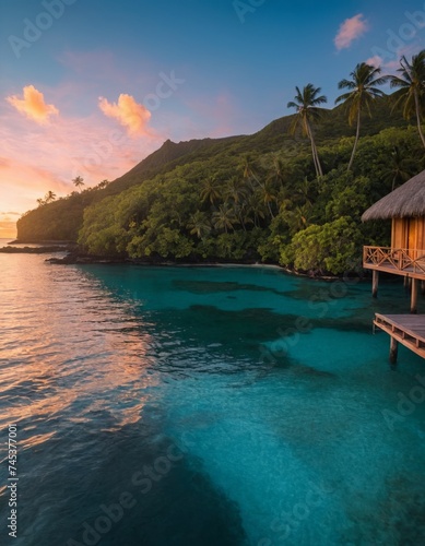 Tropical paradise sunset with a luxury waterfront hut"