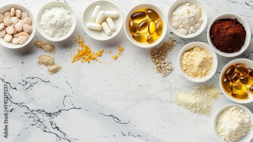 Dietary supplements for health and beauty, in pill and powder forms, vitamins, collagen, biotin 