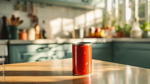 Sunlit Kitchen with Red Storage Canister ,vintage-inspired metal can of ketchup on Wooden Table