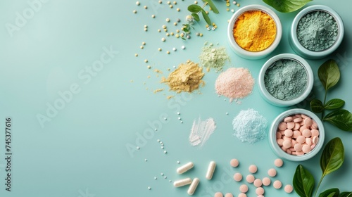 Dietary supplements for health and beauty, in pill and powder forms, vitamins, collagen, biotin 