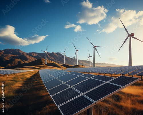 Solar Panels and Wind Turbines Against Majestic Skyline