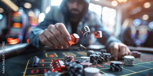A Gamblers Intense Focus During a Dice Roll, Surrounded by the Excitement and Risk of the Casino Floor, Generative AI
