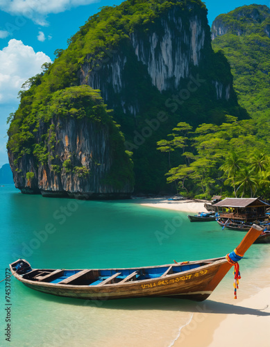 Tropical Paradise Beach with Traditional Boat