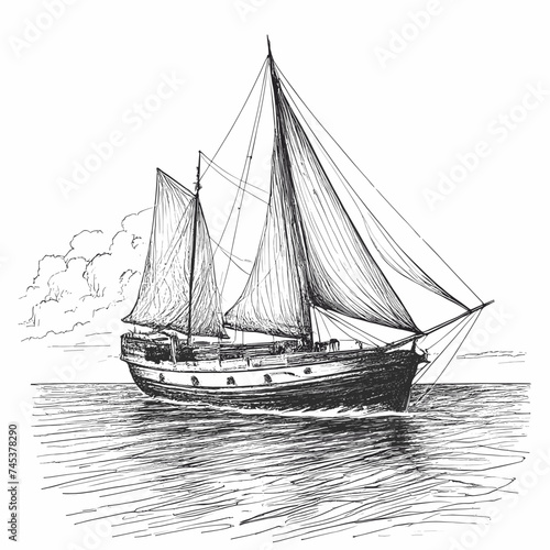Boat ink sketch drawing, black and white, engraving style vector illustration