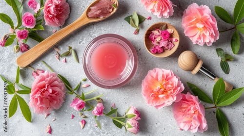 a jar of lip balm next to a spoon of lip balm next to pink flowers on a gray surface. photo