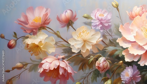 Beautiful bouquet flowers oil painting. Decorative background.